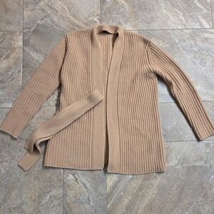 Nili Lotan 100% Cashmere Belted Cardigan Sweater Camel Tan Ribbed Knit XS